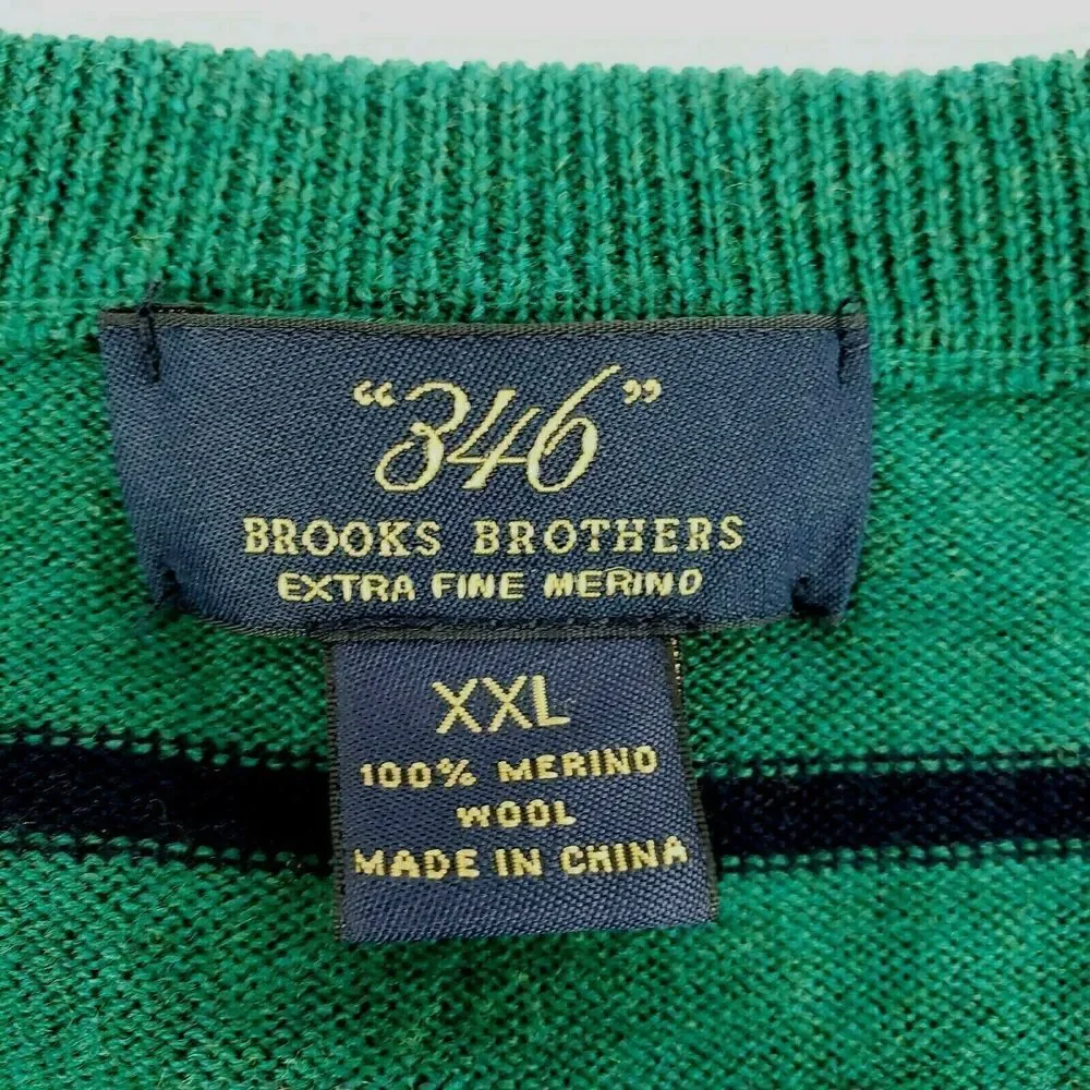 Brooks Brothers 346 Mens Extra Fine‎ Merino Wool Green Blue Striped Sweater XXL